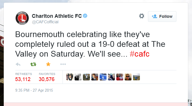Charlton Athletic FC tweet on AFC Bournmouth's